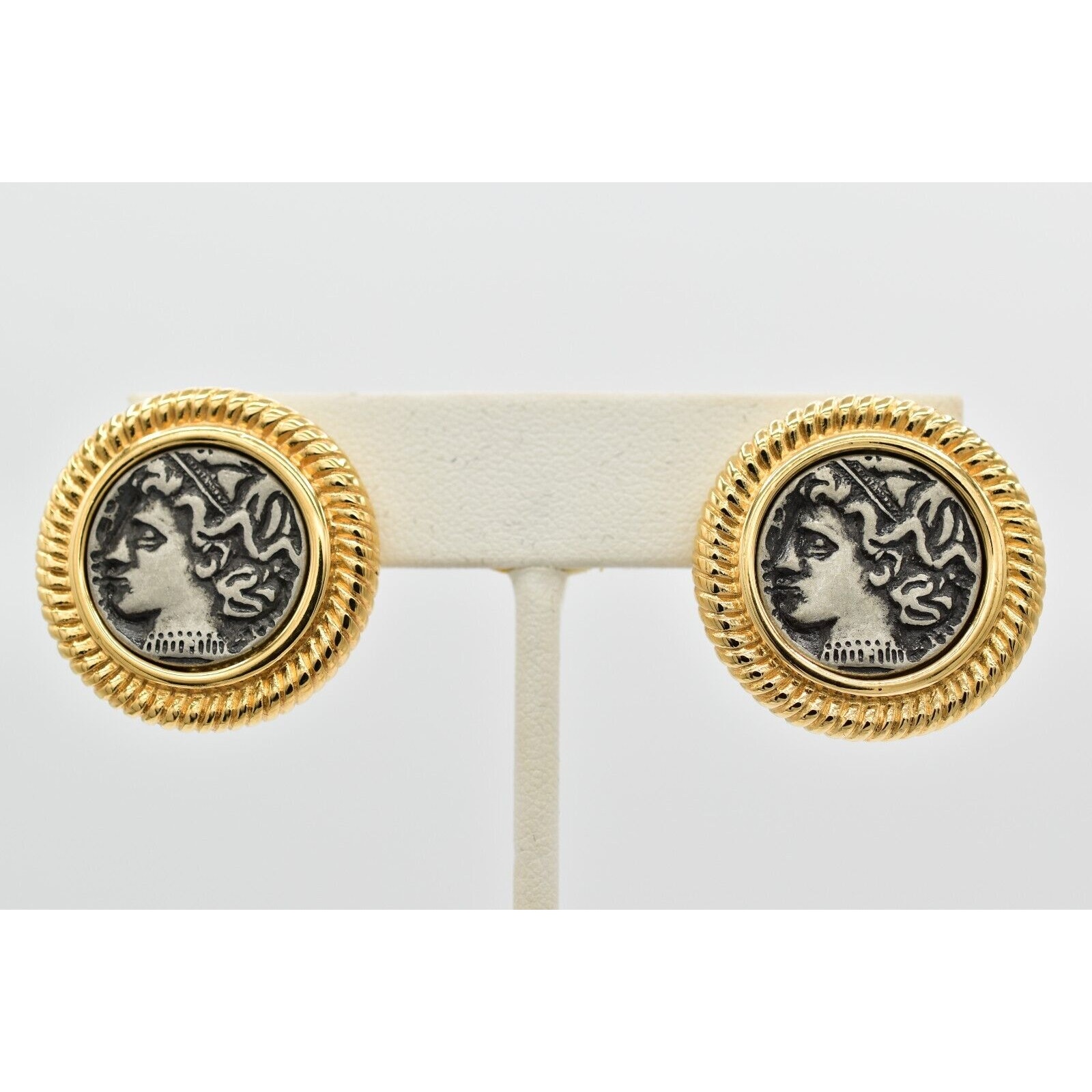Mary Kay Vintage Coin Clip On Earrings Roman Greek Chunky Gold Signed 80s Binbk 40$
